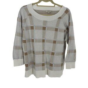 Loft Outlet Womens XL Plaid Knit Sweater Beige & White 100% Cotton Lightweight